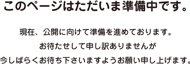 このページはただいま準備中です。現在、公開に向けて準備を進めております。お待たせして申し訳ありませんが今しばらくお待ち下さいますようお願い申し上げます。